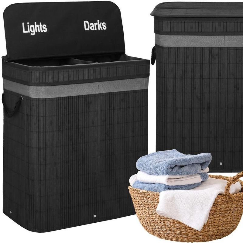 Market - Spalare si intretinere rufe - Uscatoare de rufe si accesorii - Cos de rufe din bambus cu capac, 2 compartimente, sac detasabil, volum 100L, 54x35x60cm, negru - Infinity.ro