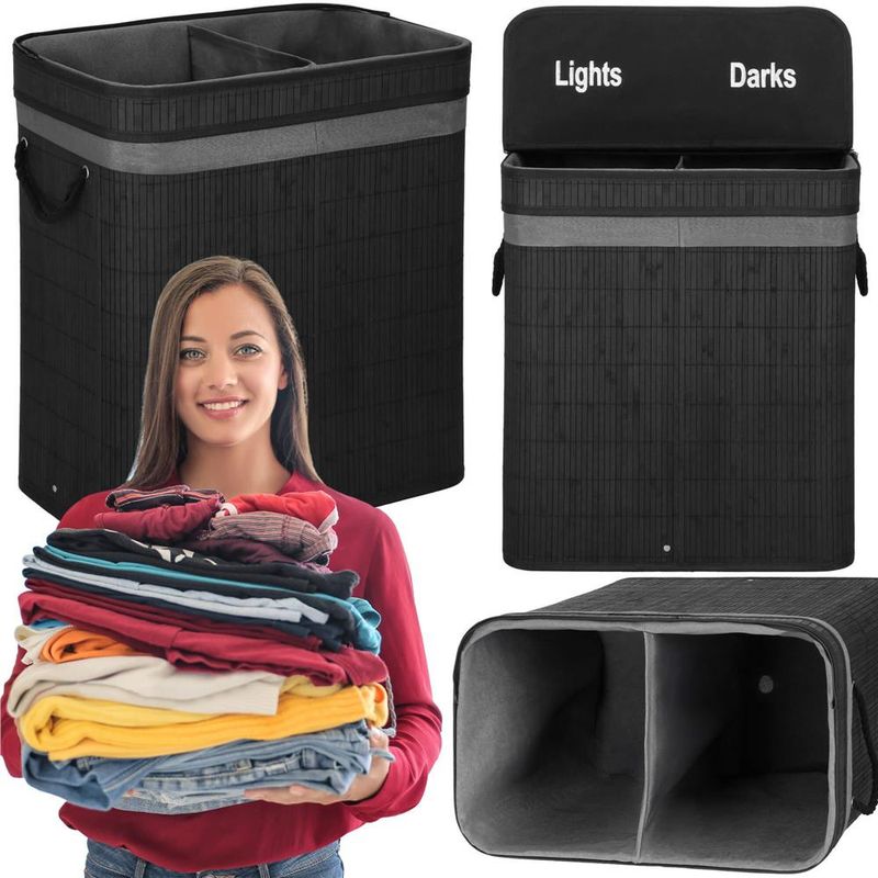 Market - Spalare si intretinere rufe - Uscatoare de rufe si accesorii - Cos de rufe din bambus cu capac, 2 compartimente, sac detasabil, volum 100L, 54x35x60cm, negru - Infinity.ro