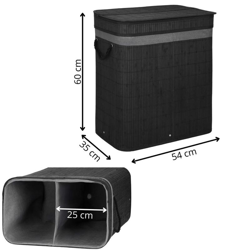 Market - Spalare si intretinere rufe - Uscatoare de rufe si accesorii - Cos de rufe din bambus cu capac, 2 compartimente, sac detasabil, volum 100L, 54x35x60cm, negru - Infinity.ro