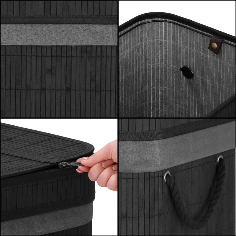 Market - Spalare si intretinere rufe - Uscatoare de rufe si accesorii - Cos de rufe din bambus cu capac, 2 compartimente, sac detasabil, volum 100L, 54x35x60cm, negru - Infinity.ro