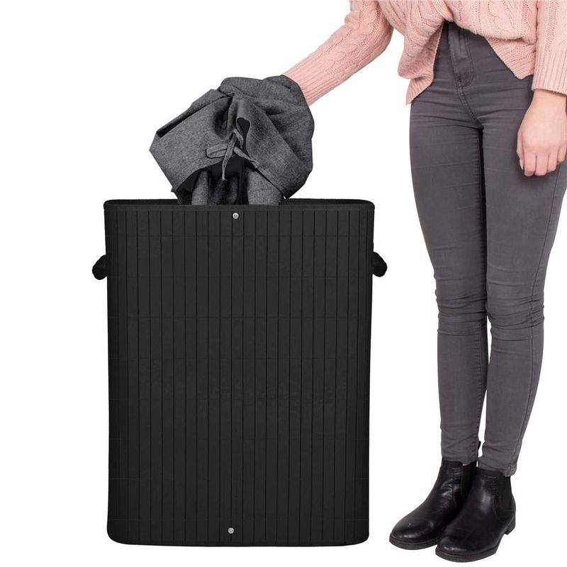 Market - Spalare si intretinere rufe - Uscatoare de rufe si accesorii - Cos de rufe din bambus cu capac, 2 compartimente, sac detasabil, volum 100L, 54x35x60cm, negru - Infinity.ro