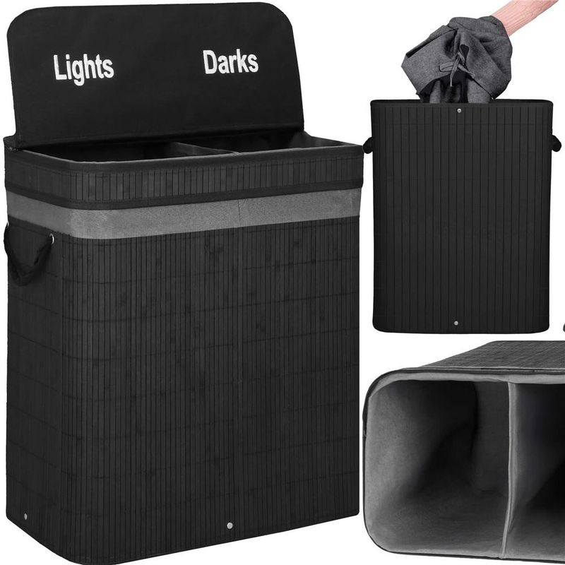 Market - Spalare si intretinere rufe - Uscatoare de rufe si accesorii - Cos de rufe din bambus cu capac, 2 compartimente, sac detasabil, volum 100L, 54x35x60cm, negru - Infinity.ro