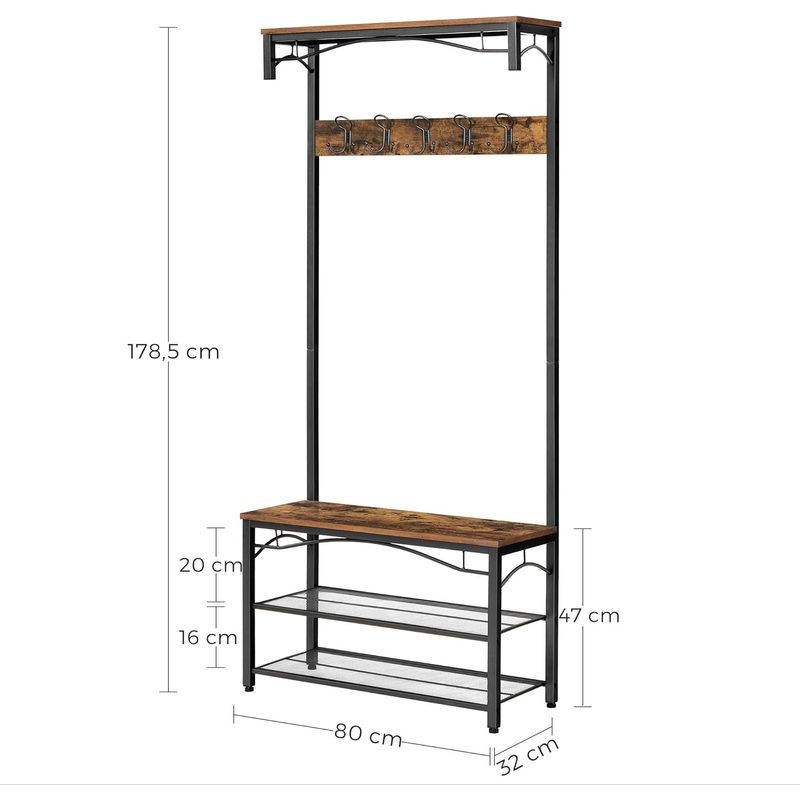 Casa si Gradina - Mobilier - Organizare si depozitare - Cuiere - Cuier pentru haine, suport pentru pantofi si banca cu rafturi, cu carlige, cadru metalic mat, 80x32x178cm - Infinity.ro