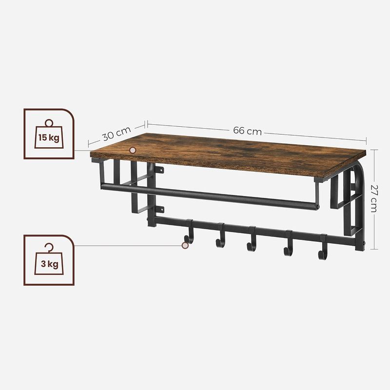Casa si Gradina - Mobilier - Organizare si depozitare - Cuiere - Cuier de perete cu raft de depozitare, 5 carlige detasabile, 30x66x27cm, maro rustic si negru - Infinity.ro