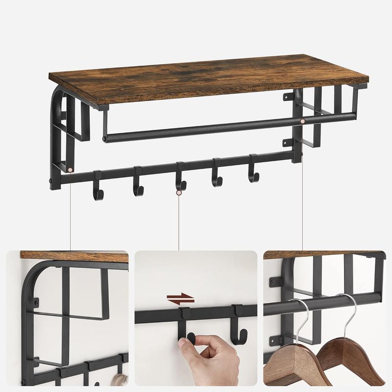 Casa si Gradina - Mobilier - Organizare si depozitare - Cuiere - Cuier de perete cu raft de depozitare, 5 carlige detasabile, 30x66x27cm, maro rustic si negru - Infinity.ro