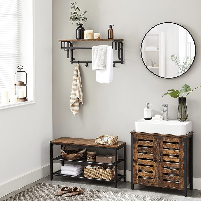 Casa si Gradina - Mobilier - Organizare si depozitare - Cuiere - Cuier de perete cu raft de depozitare, 5 carlige detasabile, 30x66x27cm, maro rustic si negru - Infinity.ro