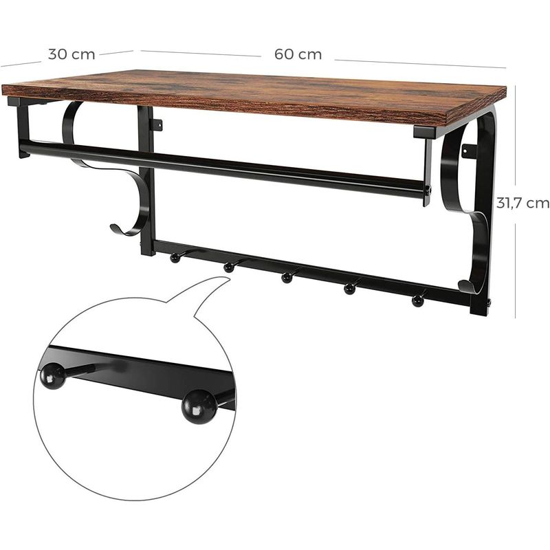 Casa si Gradina - Mobilier - Organizare si depozitare - Cuiere - Cuier de perete cu raft de depozitare si sina, 5 carlige, 30x60x32 cm, maro rustic - Infinity.ro