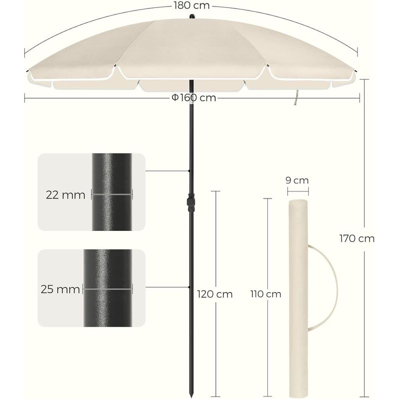 Casa si Gradina - Gradina si terasa - Umbrele si pavilioane - Umbrele - SONGMICS Umbrela terasa gradina sau plaja, cu inclinare, husa, diametru 160cm, bej - Infinity.ro