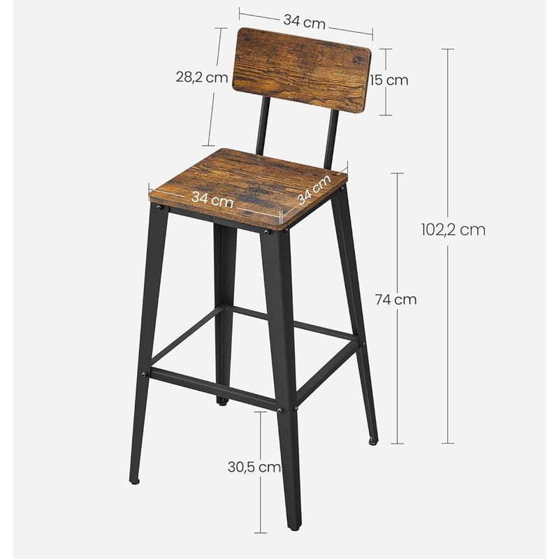 Casa si Gradina - Mobilier - Scaune si fotolii - Scaune - Set 2 scaune de bar, inalte cu spatar, industrial, 45x45x102cm, maro rustic si negru - Infinity.ro