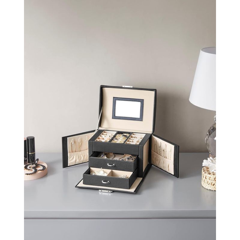 Casa si Gradina - Mobilier - Organizare si depozitare - Cutii depozitare - Cutie de bijuterii cu 3 nivele, 2 sertare, oglinda si incuietoare, 14x18x14cm, negru - Infinity.ro