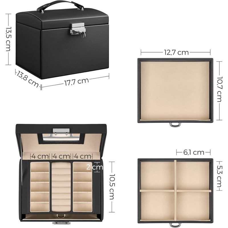 Casa si Gradina - Mobilier - Organizare si depozitare - Cutii depozitare - Cutie de bijuterii cu 3 nivele, 2 sertare, oglinda si incuietoare, 14x18x14cm, negru - Infinity.ro