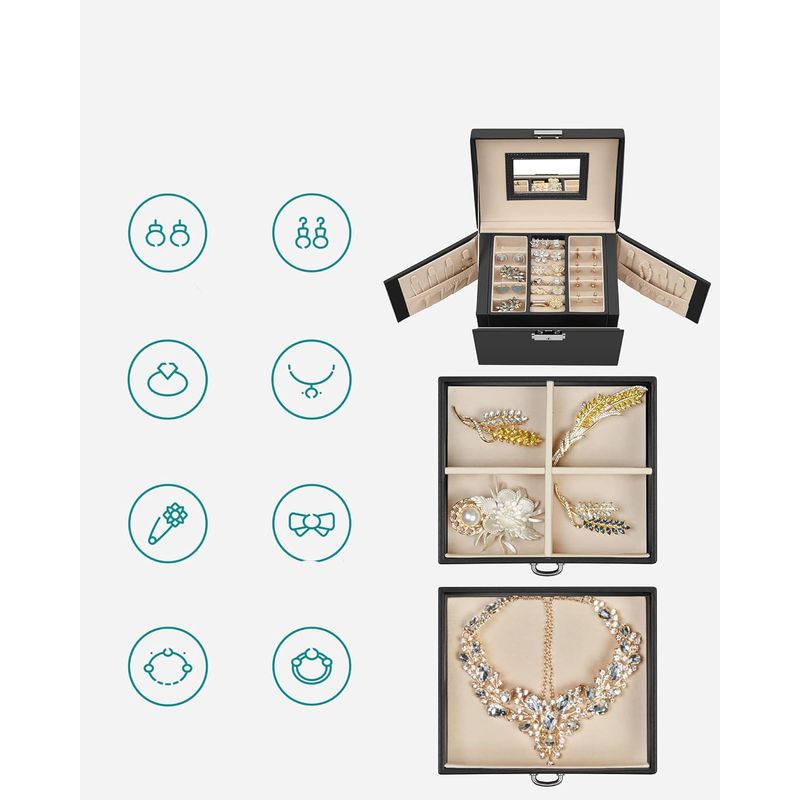 Casa si Gradina - Mobilier - Organizare si depozitare - Cutii depozitare - Cutie de bijuterii cu 3 nivele, 2 sertare, oglinda si incuietoare, 14x18x14cm, negru - Infinity.ro