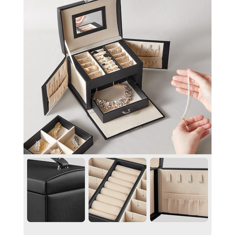 Casa si Gradina - Mobilier - Organizare si depozitare - Cutii depozitare - Cutie de bijuterii cu 3 nivele, 2 sertare, oglinda si incuietoare, 14x18x14cm, negru - Infinity.ro