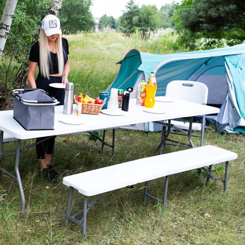 Casa si Gradina - Gradina si terasa - Mobilier exterior - Seturi mobila gradina - Banca pliabila, cu maner, HDPE si cadru metalic, 180x30x43 cm, alb/gri - Infinity.ro