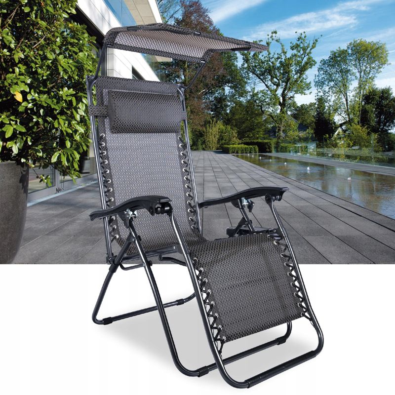 Casa si Gradina - Gradina si terasa - Balansoare si hamace - Balansoare - Sezlong pliabil cu parasolar si tetiera, reglabil in 2 pozitii, suport pahare, 174cm, gri - Infinity.ro