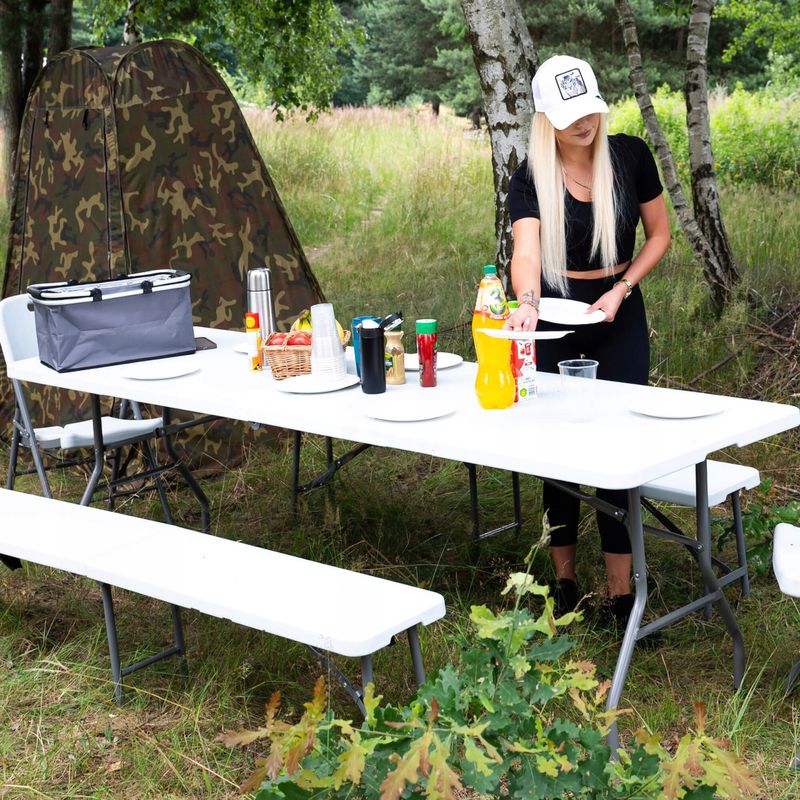 Casa si Gradina - Gradina si terasa - Mobilier exterior - Seturi mobila gradina - Banca pliabila, cu maner, HDPE si cadru metalic, 180x30x43 cm, alb/gri - Infinity.ro