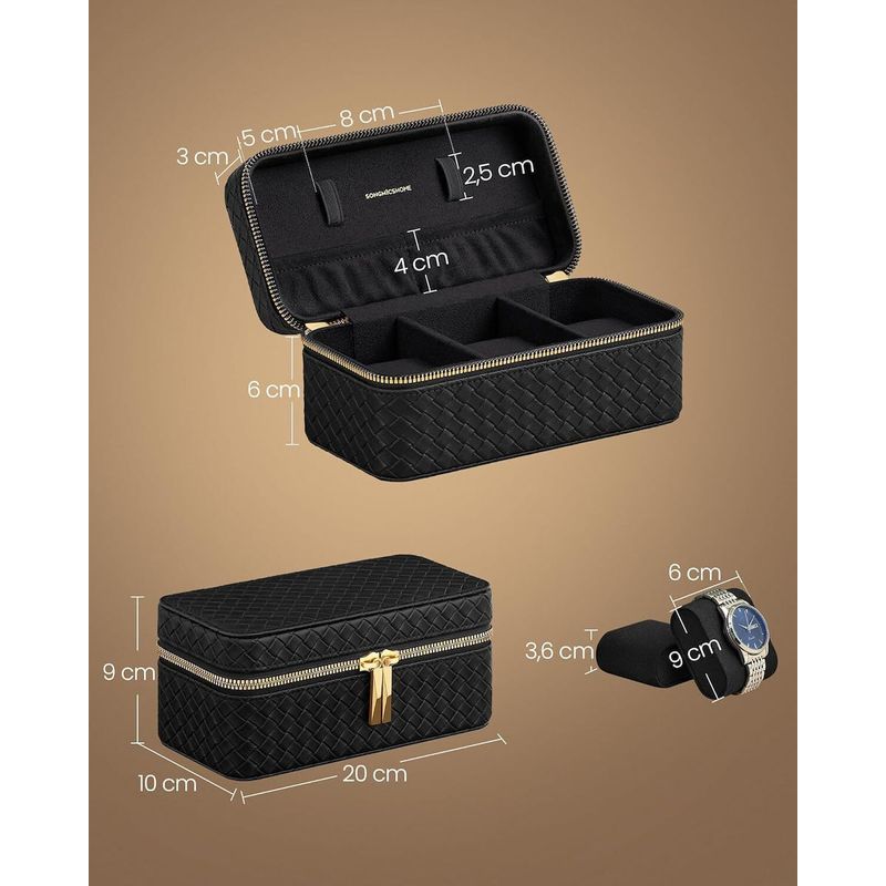 Casa si Gradina - Mobilier - Organizare si depozitare - Cutii depozitare - SONGMICS Cutie ceasuri Ronne, pentru 3 ceasuri, imitatie piele PU, 20x10x9 cm, negru - Infinity.ro