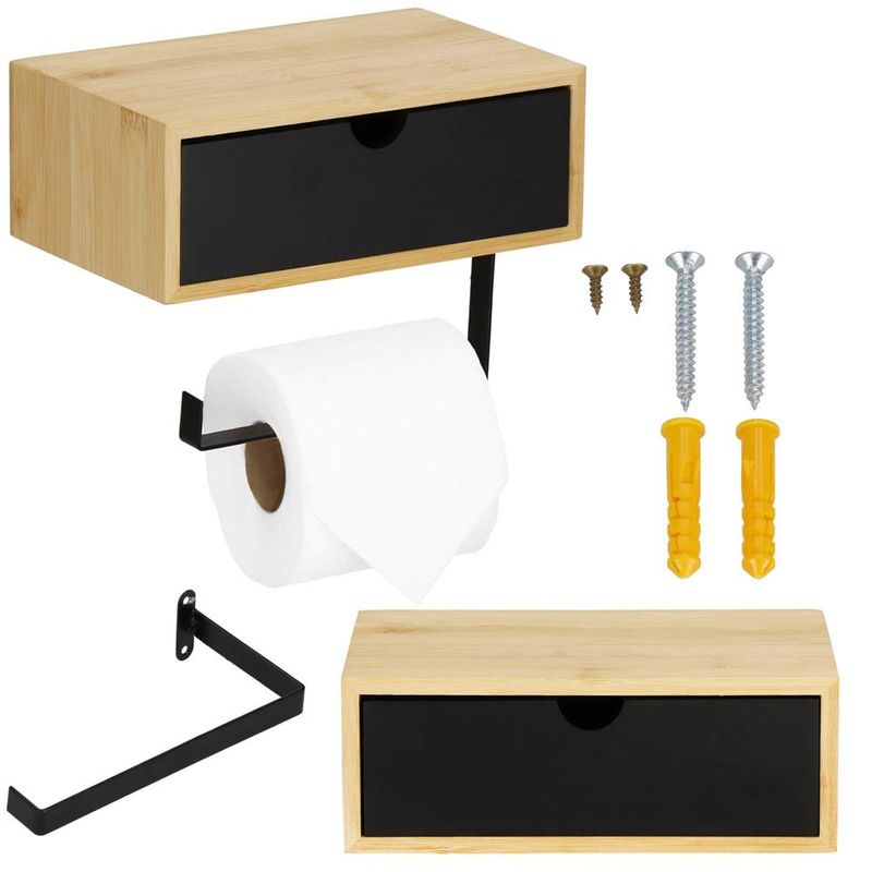 Casa si Gradina - Sanitare - Suporturi si accesorii baie - Accesorii baie - Suport hartie igienica din otel cu sertar depozitare, sistem montare inclus, 22cm, negru bej - Infinity.ro