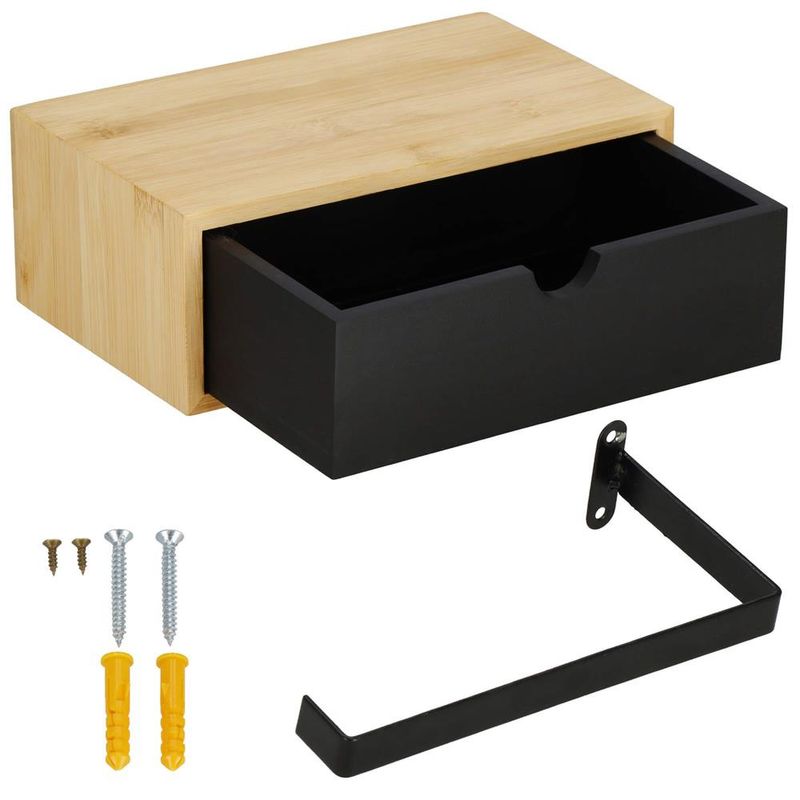 Casa si Gradina - Sanitare - Suporturi si accesorii baie - Accesorii baie - Suport hartie igienica din otel cu sertar depozitare, sistem montare inclus, 22cm, negru bej - Infinity.ro