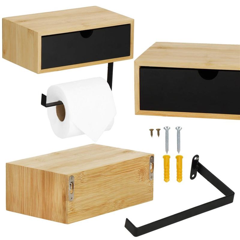Casa si Gradina - Sanitare - Suporturi si accesorii baie - Accesorii baie - Suport hartie igienica din otel cu sertar depozitare, sistem montare inclus, 22cm, negru bej - Infinity.ro