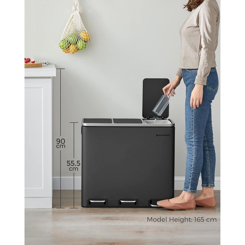 Casa si Gradina - Mobilier - Organizare si depozitare - Cosuri de gunoi - Cos de gunoi din inox cu 3 compartimente colectare selectiva, cu galeti interioare, 3x18litri, negru - Infinity.ro