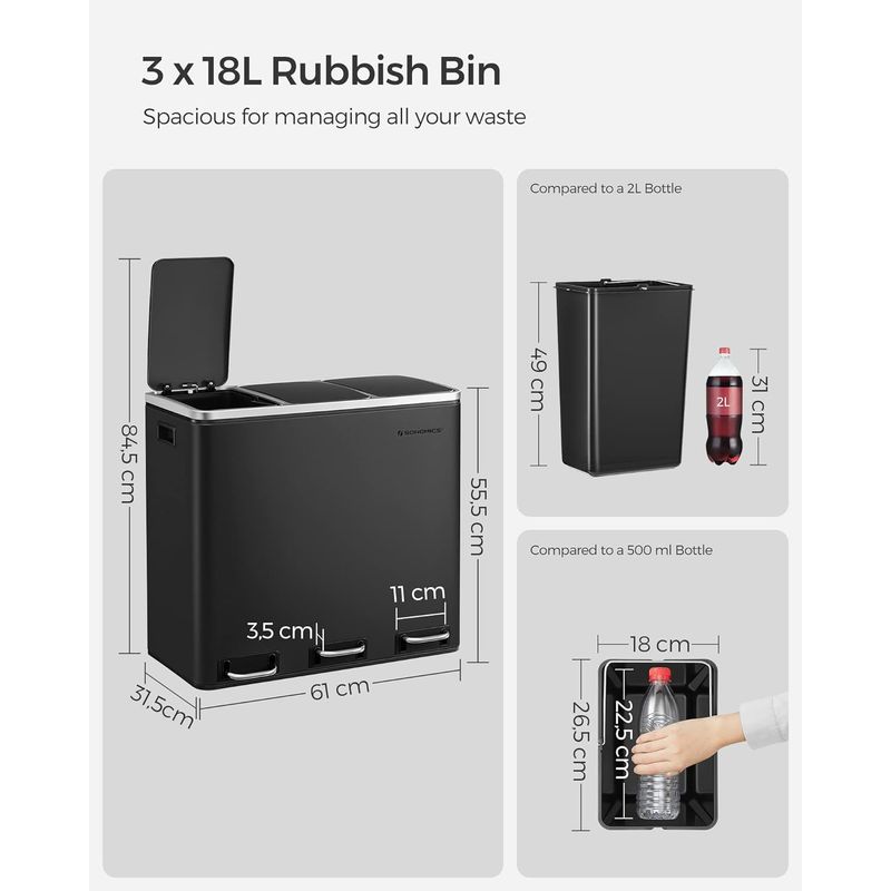 Casa si Gradina - Mobilier - Organizare si depozitare - Cosuri de gunoi - Cos de gunoi din inox cu 3 compartimente colectare selectiva, cu galeti interioare, 3x18litri, negru - Infinity.ro