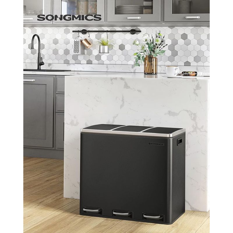 Casa si Gradina - Mobilier - Organizare si depozitare - Cosuri de gunoi - Cos de gunoi din inox cu 3 compartimente colectare selectiva, cu galeti interioare, 3x18litri, negru - Infinity.ro