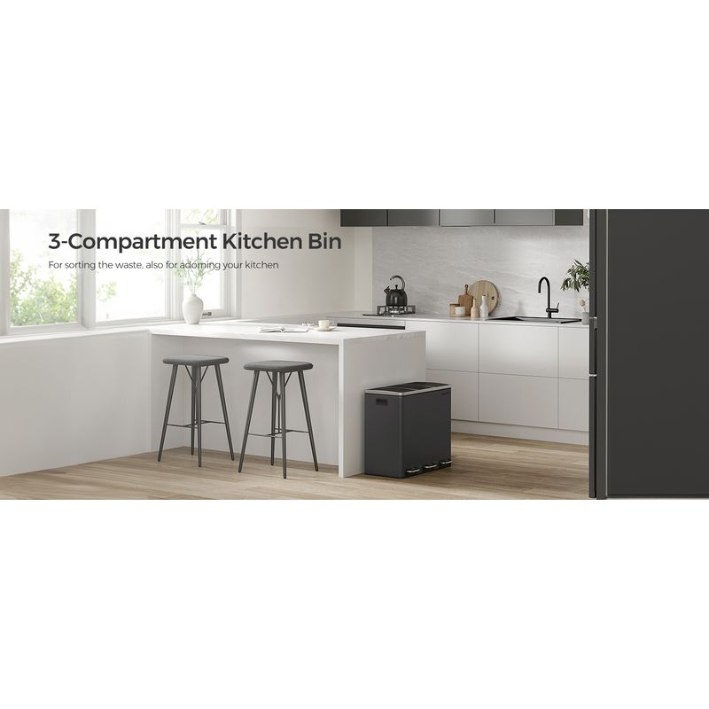 Casa si Gradina - Mobilier - Organizare si depozitare - Cosuri de gunoi - Cos de gunoi din inox cu 3 compartimente colectare selectiva, cu galeti interioare, 3x18litri, negru - Infinity.ro