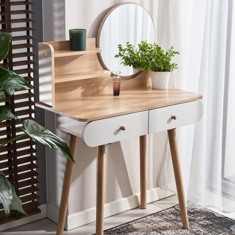 Casa si Gradina - Mobilier - Comode si corpuri - Masute de toaleta - Masa de toaleta si machiaj Ravena, alb fag, cu 2 sertare, oglinda, 80x40x122 cm - Infinity.ro