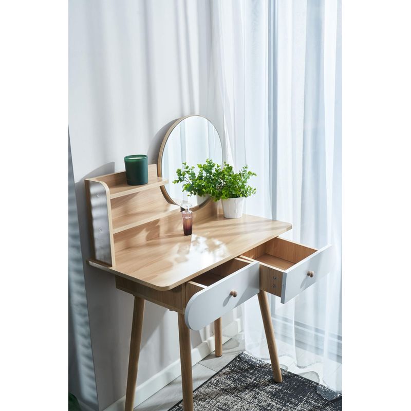 Casa si Gradina - Mobilier - Comode si corpuri - Masute de toaleta - Masa de toaleta si machiaj Ravena, alb fag, cu 2 sertare, oglinda, 80x40x122 cm - Infinity.ro