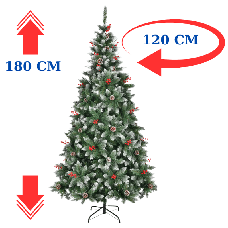 Casa si Gradina - Decoratiuni - Decoratiuni de sezon - Brad Artificial de Craciun 1.8m cu Nisip Alb, Conuri, Bace Rosii si Suport Metalic + Bec RGB Rotativ Cadou - Infinity.ro