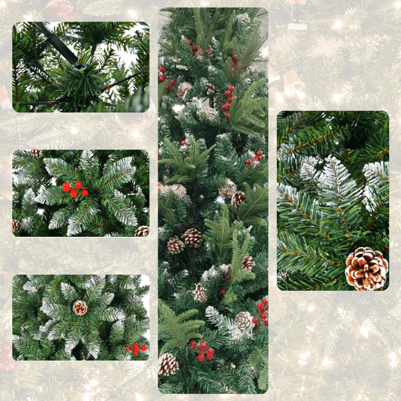 Casa si Gradina - Decoratiuni - Decoratiuni de sezon - Brad Artificial de Craciun 1.8m cu Nisip Alb, Conuri, Bace Rosii si Suport Metalic + Bec RGB Rotativ Cadou - Infinity.ro