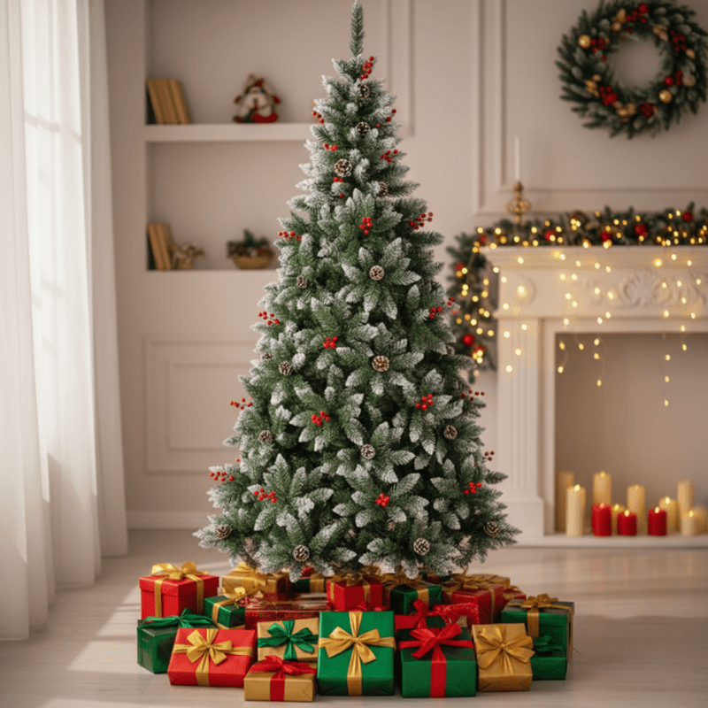 Casa si Gradina - Decoratiuni - Decoratiuni de sezon - Brad Artificial de Craciun 1.8m cu Nisip Alb, Conuri, Bace Rosii si Suport Metalic + Bec RGB Rotativ Cadou - Infinity.ro