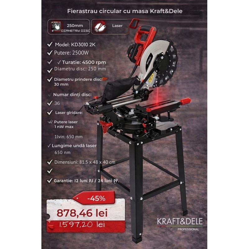 Casa si Gradina - Constructii - Scule electrice si accesorii - Fierastraie electrice - Fierastrau circular cu masa Kraft&Dele KD3010 2K, 2500W, disc 250 mm, laser - Infinity.ro