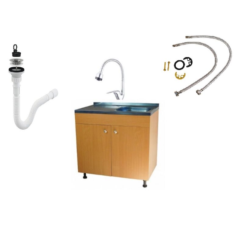 Casa si Gradina - Sanitare - Chiuveta bucatarie si accesorii - Chiuvete bucatarie - Set Masca Chiuveta Fag , 80 cm X 50 cm X 80 cm, +Chiuveta bucatarie + Baterie lebada flexibila+Sifon scurgere - Infinity.ro
