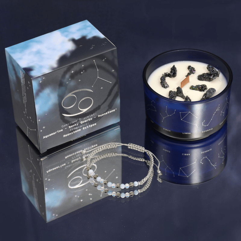 Casa si Gradina - Decoratiuni - Aromaterapie si lumanari - Lumanari si candele - Set cadou Zodiacal Rac | Lumânare cu cristale, Brățară cu cristale naturale & Ulei aromatic 10 ml - Infinity.ro