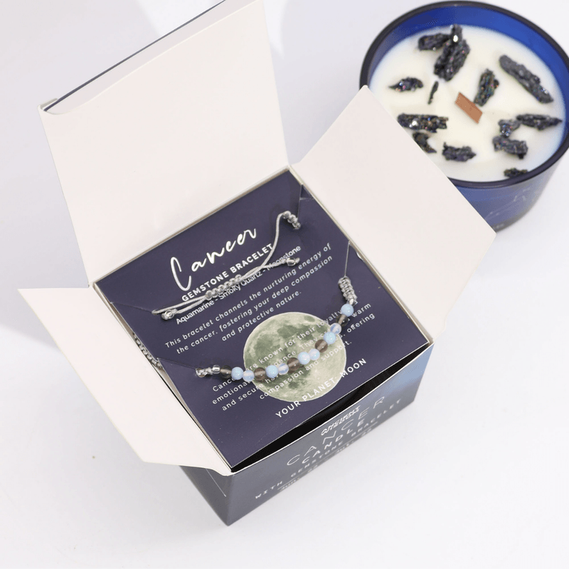 Casa si Gradina - Decoratiuni - Aromaterapie si lumanari - Lumanari si candele - Set cadou Zodiacal Rac | Lumânare cu cristale, Brățară cu cristale naturale & Ulei aromatic 10 ml - Infinity.ro