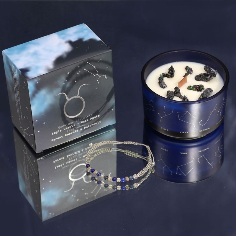 Casa si Gradina - Decoratiuni - Aromaterapie si lumanari - Lumanari si candele - Set cadou Zodiacal Taur | Lumânare cu cristale, Brățară cu cristale naturale & Ulei aromatic 10 ml - Infinity.ro