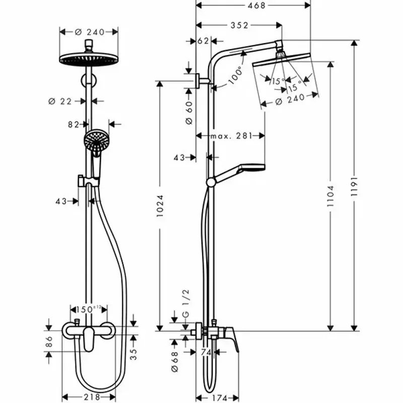 Casa si Gradina - Sanitare - Cazi si cabine de dus - Coloane si seturi de dus - Coloana de dus cu baterie monocomanda Hansgrohe Crometta S240 - Infinity.ro