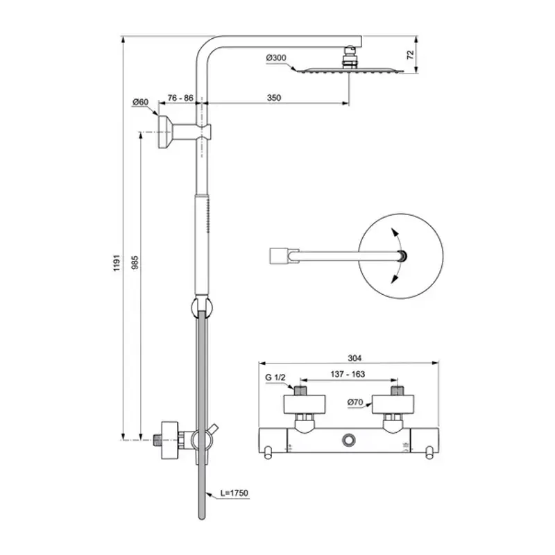 Casa si Gradina - Sanitare - Cazi si cabine de dus - Coloane si seturi de dus - Coloana de dus cu baterie termostatata auriu periat Ideal Standard Ceratherm T125 - Infinity.ro