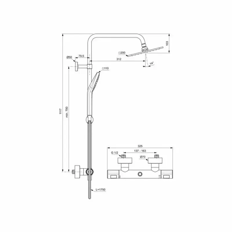 Casa si Gradina - Sanitare - Cazi si cabine de dus - Coloane si seturi de dus - Coloana de dus cu baterie termostatata Ideal Standard Ceratherm T100 - Infinity.ro