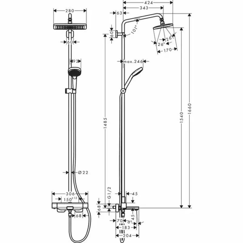 Casa si Gradina - Sanitare - Cazi si cabine de dus - Coloane si seturi de dus - Coloana de dus cu baterie termostatata si pipa cada Hansgrohe Croma E 280 - Infinity.ro