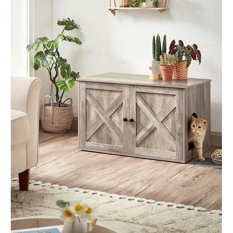 Casa si Gradina - Mobilier - Comode si corpuri - Comode - FEANDREA Cusca pentru pisici tip comoda, cu usi si perete despartitor, 80x53x50cm, gri - Infinity.ro