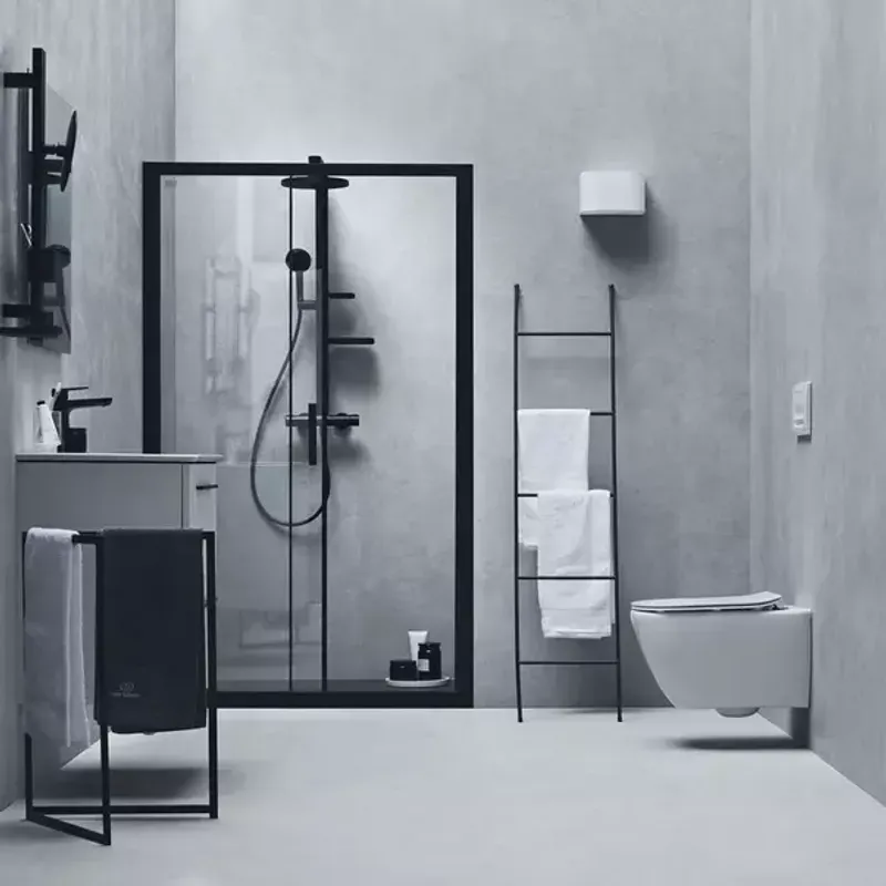 Casa si Gradina - Sanitare - Cazi si cabine de dus - Coloane si seturi de dus - Palarie de dus rotunda din aluminiu Ideal Standard Alu+ negru mat 2 functii - Infinity.ro