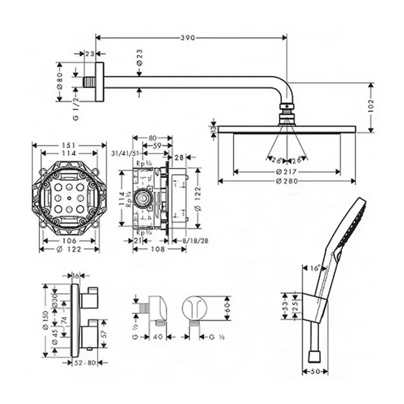 Casa si Gradina - Sanitare - Cazi si cabine de dus - Coloane si seturi de dus - Sistem de dus incastrat Hansgrohe Croma 280 Ecostat S negru mat - Infinity.ro