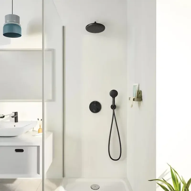 Casa si Gradina - Sanitare - Cazi si cabine de dus - Coloane si seturi de dus - Sistem de dus incastrat Grohe Precision cu palarie rotunda Vitalio Start 250 negru mat - Infinity.ro