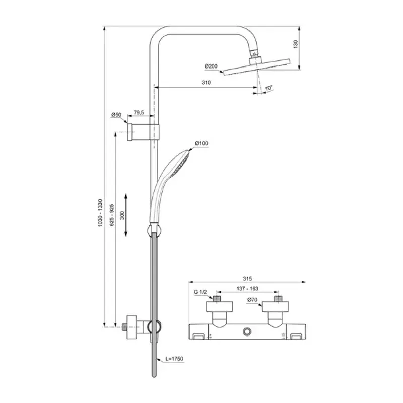 Casa si Gradina - Sanitare - Cazi si cabine de dus - Coloane si seturi de dus - Coloana de dus cu termostat Ideal Standard Ceratherm T25 negru mat palarie 1 functie - Infinity.ro
