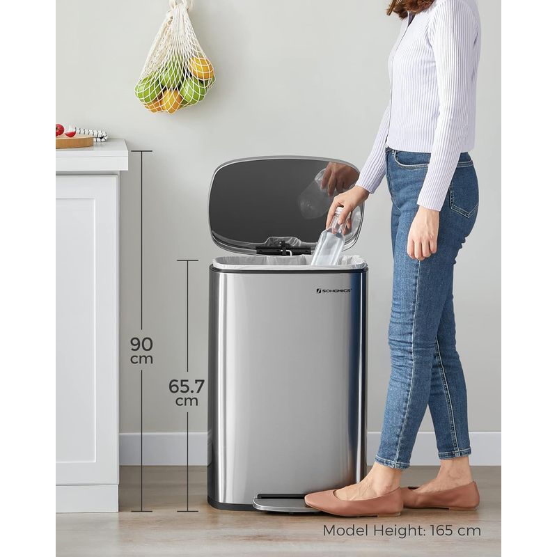 Casa si Gradina - Mobilier - Organizare si depozitare - Cosuri de gunoi - Cos de gunoi din otel, cu pedala si soft-close, galeata interioara, 50 litri, argintiu - Infinity.ro