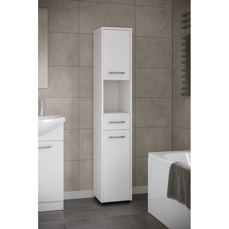 Casa si Gradina - Mobilier - Mobilier baie - Corpuri baie - Dulap baie tip coloana cu 2 usi, 1 sertar si rafturi interioare, PAL laminat, 30x30x140 cm, alb - Infinity.ro