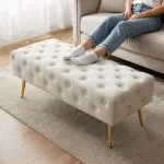 Casa si Gradina - Mobilier - Scaune si fotolii - Tabureti - Taburet Monaco, tapitat cu catifea, tip banca, cu picioare metalice, 100x42x41 cm, bej - Infinity.ro